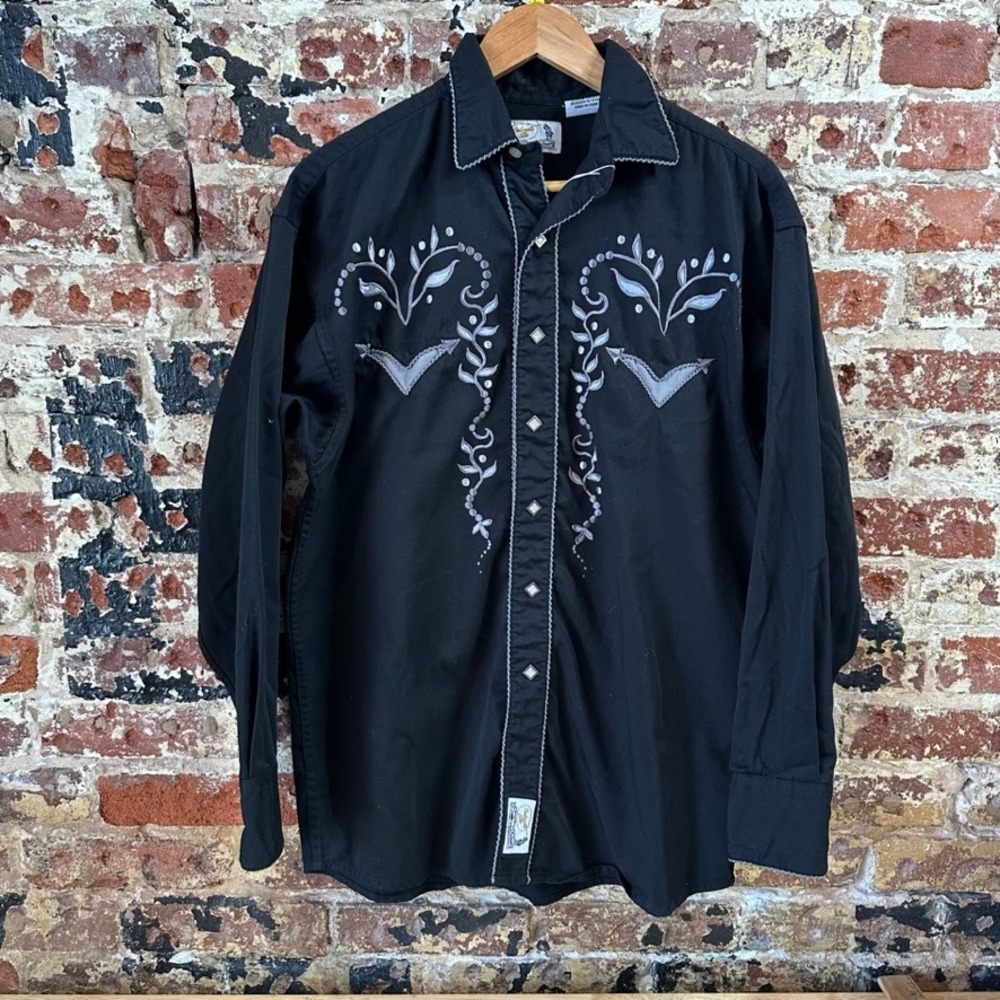 VTG Panhandle Slim Floral Scroll Western Shirt Pearl Snap L/S Black Mens Medium